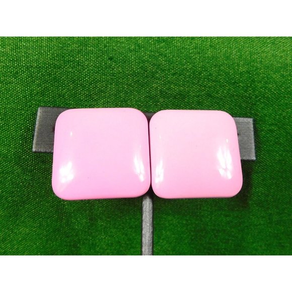 Pink Oversized Square Button Style Pierced Earrings Pushback Closure - Picture 6 of 7